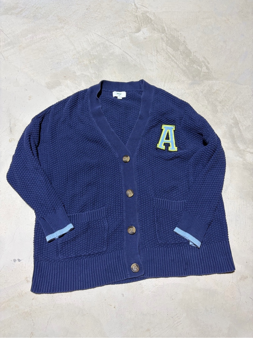 Aerie Navy Knit V‑Neck Cardigan Sweater with 'A' Patch large